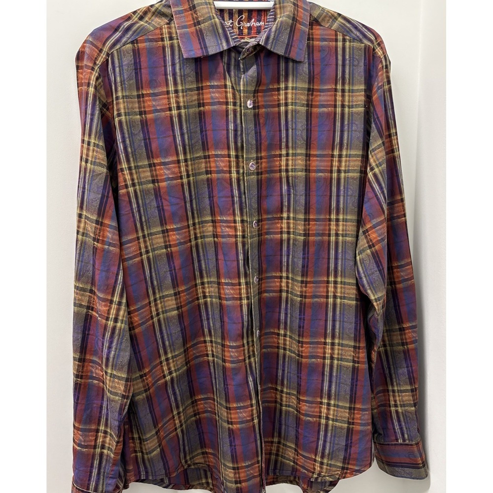 Robert Graham Shirt Mens Medium Multicolor Plaid Flip Cuff Classic Fit Button Up